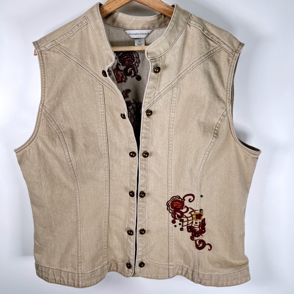 Christopher Banks Tan Denim Vest Embroidered Floral Butterfly Studded Size XL - Picture 11 of 14